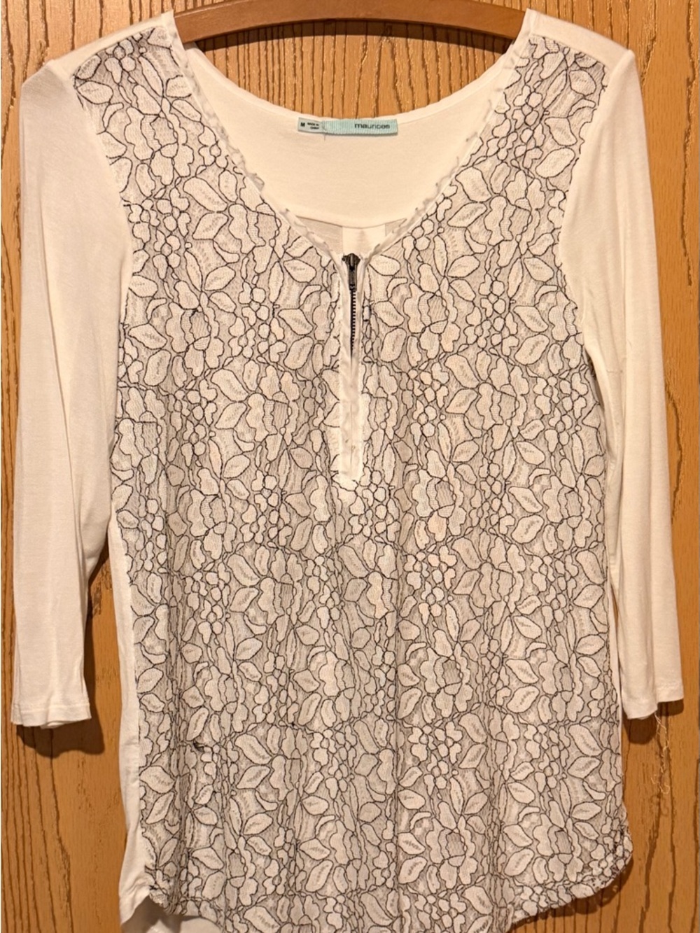 Maurices white Floral Lace-Front Long Sleeve Top with Zip